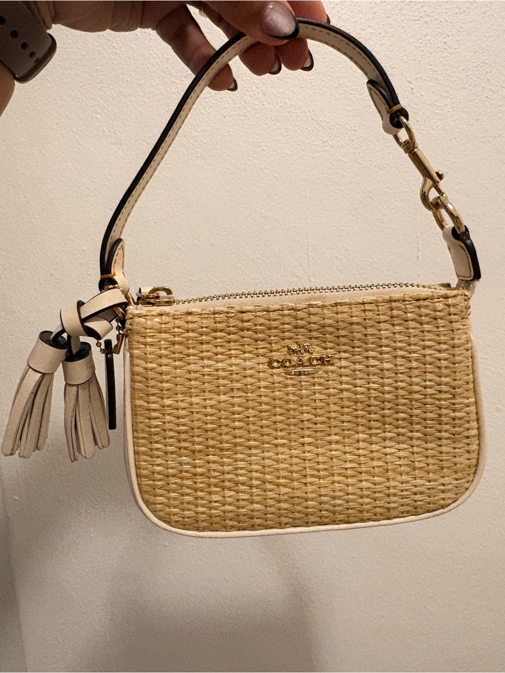 Coach Natural Straw Wristlet with Cream Trim and Gold Hardware